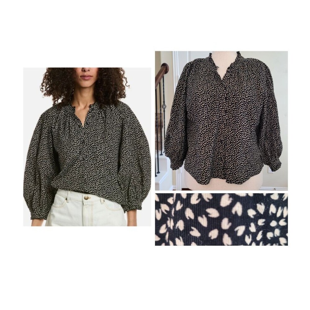 THE GREAT Boutonniere Blouse Black Women L Corduroy Balloon Sleeve Cottagecore